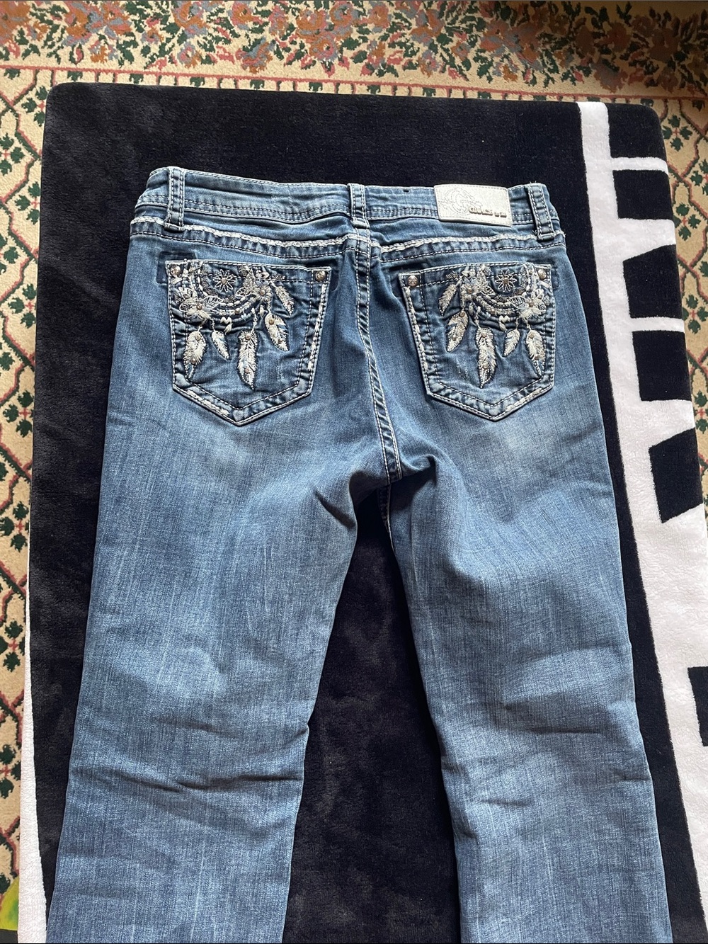 Grace in LA Light Blue Straight-Leg Jeans with Embroidered Dreamcatcher Pockets
